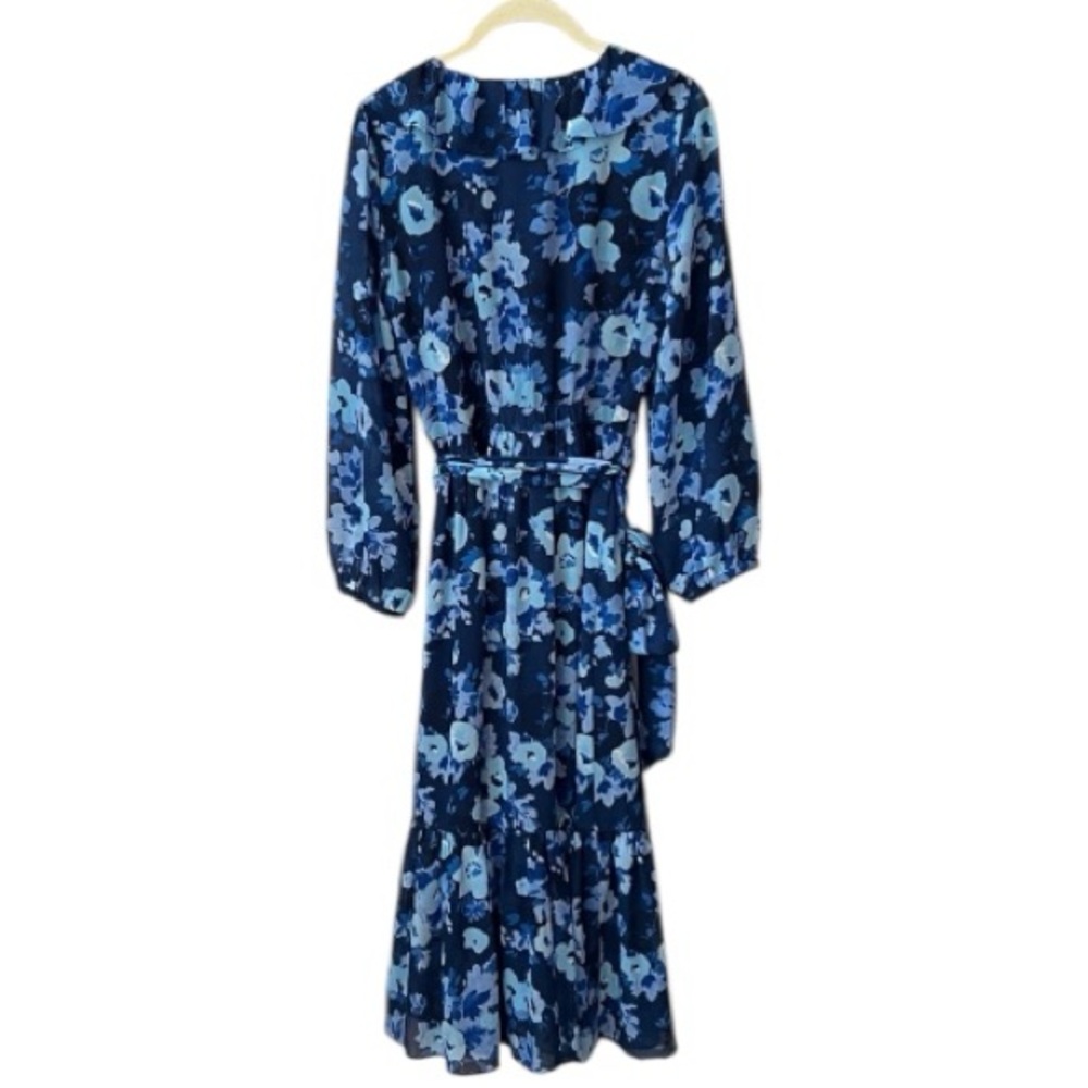 J. Crew Blue Floral Long Sleeve Ruffle Collar Midi Dress Size 6 - Picture 3 of 16